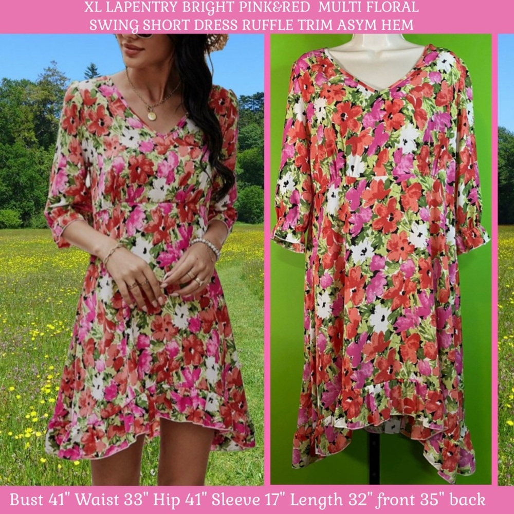 XL LAPENTRY BRIGHT PINK&RED  MULTI FLORAL SWING SHORT DRESS RUFFLE TRIM ASYM HEM